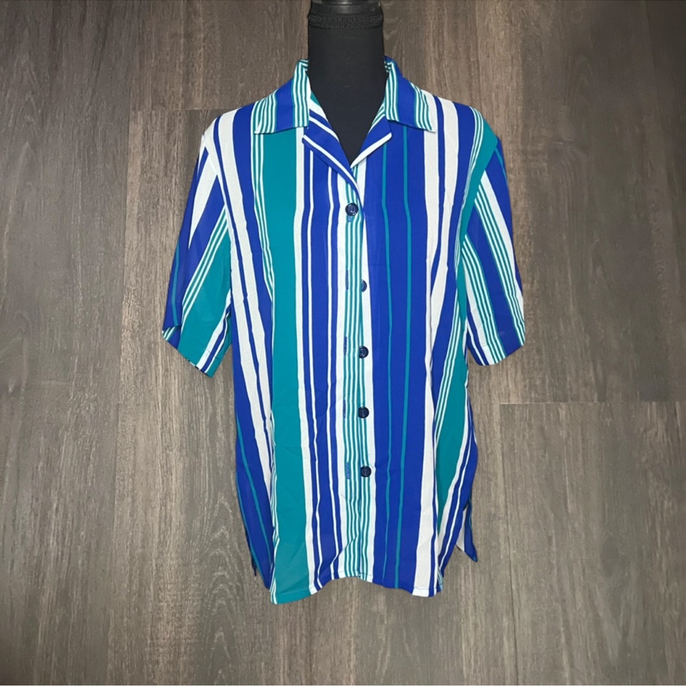 Vintage Striped Button-Up Blouse – Blue, Teal & White Short Sleeve Top